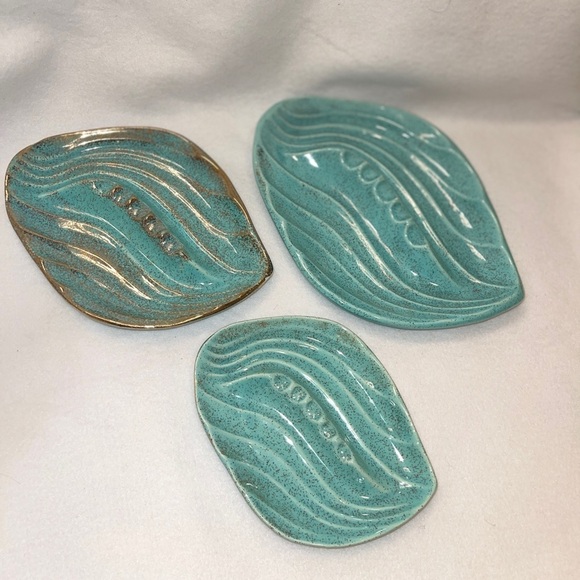 Vtg Rare Mid Century Ceramic Ashtrays (3) Calif Orig 902 USA Atomic Teal Green - Picture 1 of 11